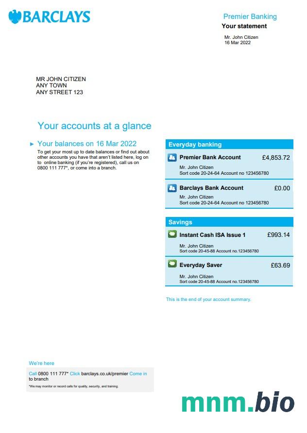 United Kingdom Barclays wzór wyciągu bankowego w formacie Word i PDF format, version 3 (2 stronas)
